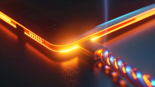 Futuristic smartphone charging with glowing neon cable.