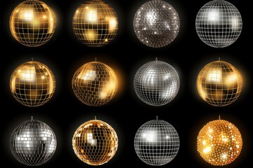 Fototapeta premium Set of realistic golden and silver disco balls reflecting light on black background