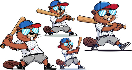 Fun cartoon baseball beaver mascot set ready to hit a home run with a bat © Design