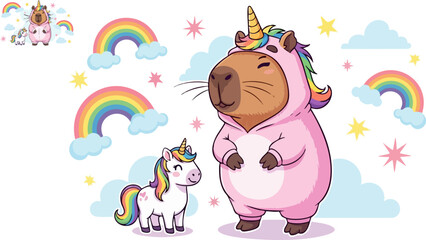 Adorable capybara wearing a unicorn costume stands happily beside a small unicorn drawing © Design