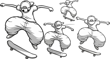 Fototapeta premium Dynamic illustration set capturing exaggerated street skateboarder performing various aerial tricks in monochrome style