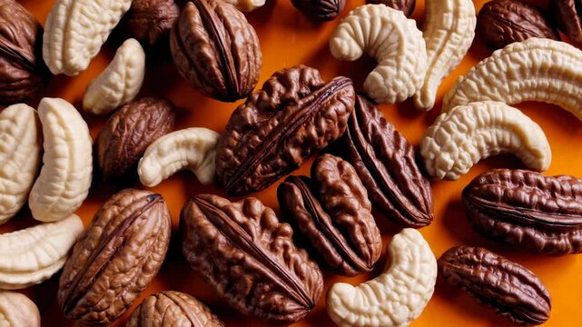 Mix of nuts on bright orange background arranged for a snack or recipe ideas