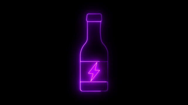 Purple neon outline of a bottle with a lightning bolt symbol on a black background energy drink