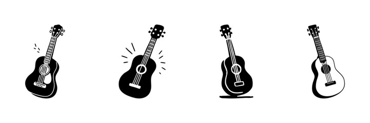 Fototapeta premium Acoustic Guitar Icons In Hand Drawn Style Set. Musical Instrument, Melody, And Sound Vibration Doodle Sketch Collection. Artistic Expression. Isolated Vector Illustration