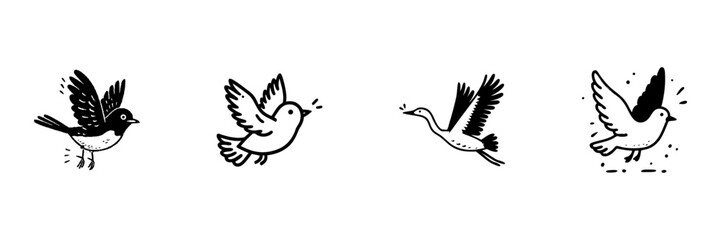 Fototapeta premium Flying Birds In Hand Drawn Style Set. Avian Freedom, Nature, Wildlife Doodle Sketch Collection. Ornithology And Birdwatching. Isolated Vector Illustration