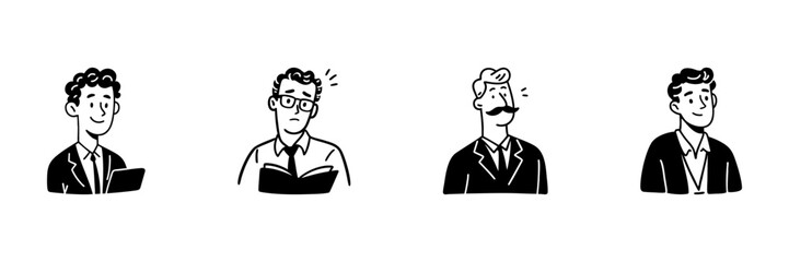 Business Professionals In Hand Drawn Style Set. Corporate Team, Office Workers, Businessmen Doodle Sketch Collection. Professional Attire, Diverse Expressions. Isolated Vector Illustration