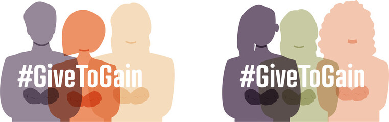 International Women's Day 2026 concept. #GiveToGain Women standing together. Palms together, extended forward in a gesture of offering.