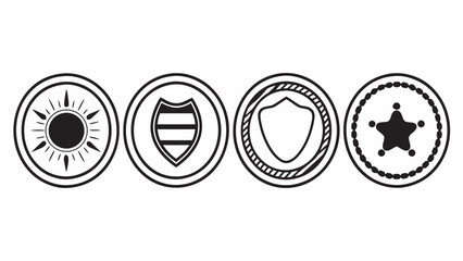 Four circular emblems with diverse symbols