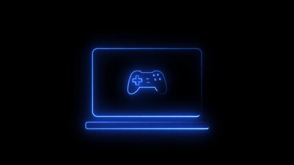 Blue Neon Laptop with Game Controller Icon on a Black Background computer gaming - Powered by Adobe