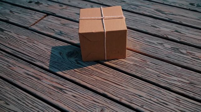 Delivery arrives at wooden deck with a brown package tied with string during daytime