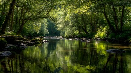 Obraz premium Serene Forest River - A Tranquil Reflection of Lush Greenery and Natural Beauty.