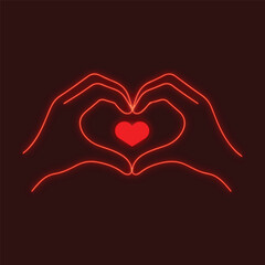 Neon heart hands gesture showing love and affection on a dark background