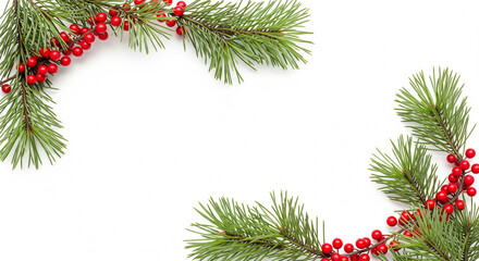 Festive holiday border composition made of green pine branches and red berries isolated on a white background.