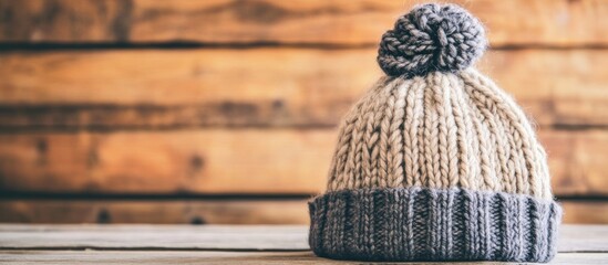 Cozy two-tone knitted wool winter hat with pompom on rustic wooden background.