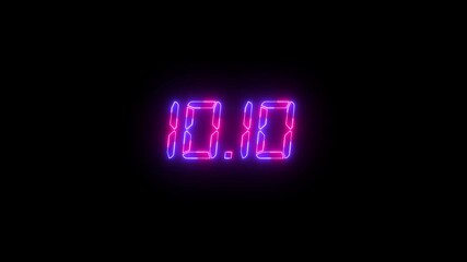 Glowing neon digital showing “10.10” text animation on a black background. Neon digital clock displaying 10:00 text animation. - Powered by Adobe