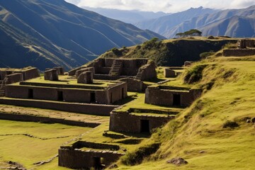 Ancient inca ruins are covering a green hillside with mountains rising in the background