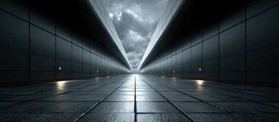A dark, long hallway with a triangular opening to the sky, illuminated with dim lights