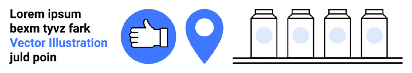 Obraz premium Feedback systems, location services, food delivery, dairy products, customer reviews, logistics. Icons of a thumbs up, location pin and milk cartons in a row. Feedback systems and location services