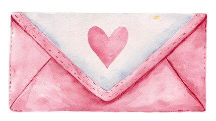 Watercolor Valentine's Envelope with Pink Heart Seal. Hand-Painted Love Letter Illustration.