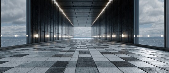 Modern, minimalist interior with a long hallway, large windows overlooking water and a tiled floor