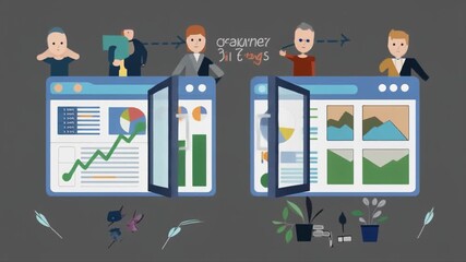 Animated Figures Interacting with Data Visualizations on Screens and Charts business finance - Powered by Adobe