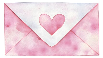 Watercolor Valentine's Envelope with Pink Heart Seal. Hand-Painted Love Letter Illustration.