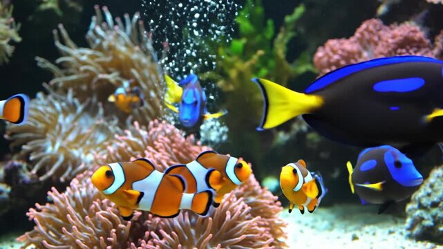 Colorful Tropical Fish Swimming Among Coral Reef