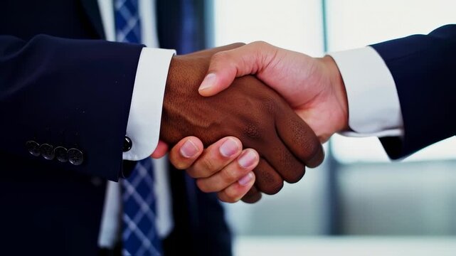 Two individuals in suits shake hands, showcasing a multi-ethnic collaboration. Close-up on the clasp