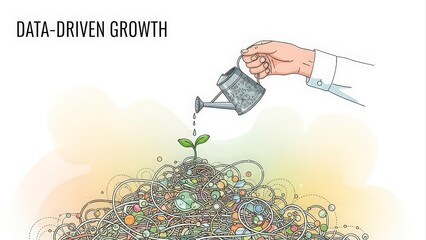 Hand watering a small plant growing from a pile of gears and data, symbolizing data-driven growth and business development.