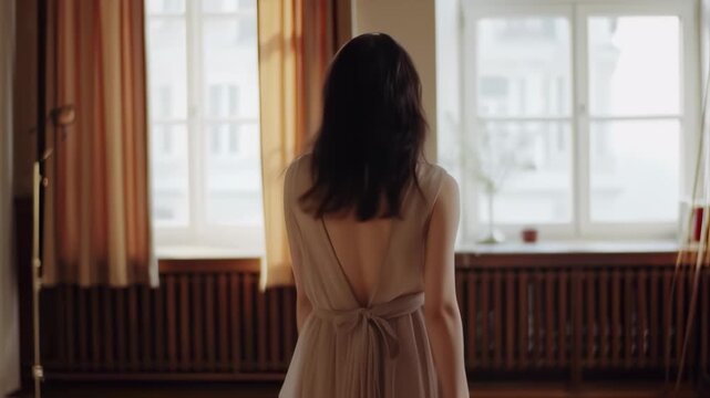 Woman in a flowing dress, back to camera, facing a window with soft light in a warm toned room