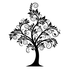 An ornate tree with swirling branches and leaves in a minimalist black illustration