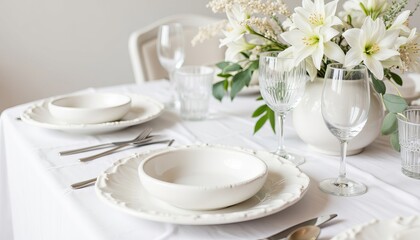 Fototapeta premium Elegant place setting on white tablecloth. Dining table decoration for special occasion. Festive dinner concept, wedding reception or celebration.