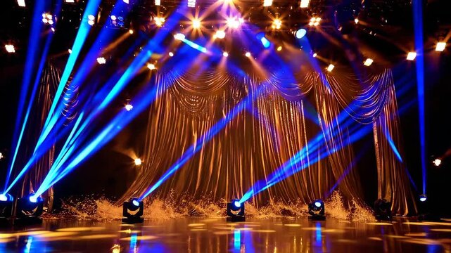 Illuminated stage setup featuring dynamic blue spotlights and shimmering gold curtains, perfect for concerts, theatrical performances, or event design. enhances mood and emphasizes the grandeur of liv