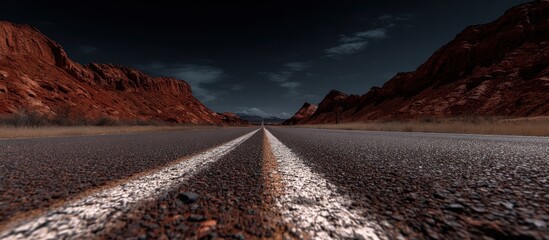 Desert road with mountains under dark sky perspective from ground level