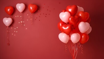 Red Heart Balloons Floating with Star Confetti