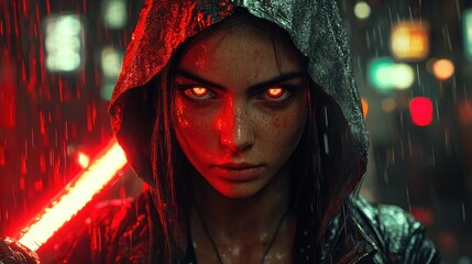 Portrait of a Determined Woman with Glowing Red Eyes and an Energy Sword in Rainy Cyberpunk City Night