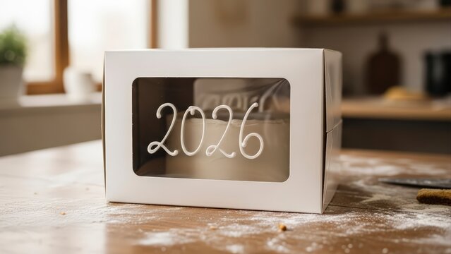2026 New Years Celebration Cake Box on a Kitchen Counter. - Powered by Adobe