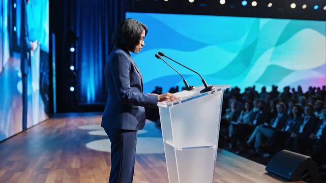 P05-Blurred background of a speakers podium at a professional conference. High quality 4K 10s
