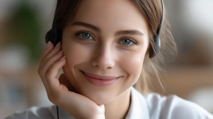 Faceless friendly female call center operator headset on warm smile professional appearance customer service representation, positive agent, cheerful representative, defocused face