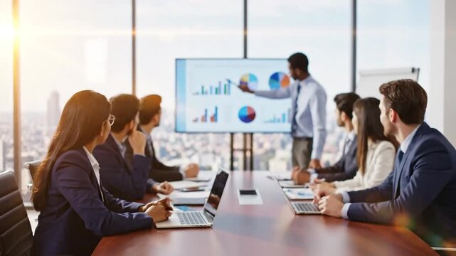P102-Blurred diverse business people meet in conference room. Corporate team sitting at table at seminar 4K 10s