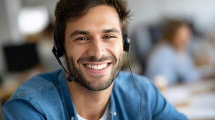 Faceless smiling telephone worker with headset working on computer at online support center, happy customer service agent, positive telemarketing professional, cheerful CRM represe