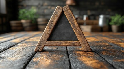 Blank rustic wooden A-frame chalkboard sign on a dark textured table in a cozy cafe.