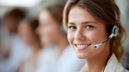 Faceless smiling customer service representative wearing headset with mic offering support and telemarketing sales help through CRM in professional call center, defocused person, w