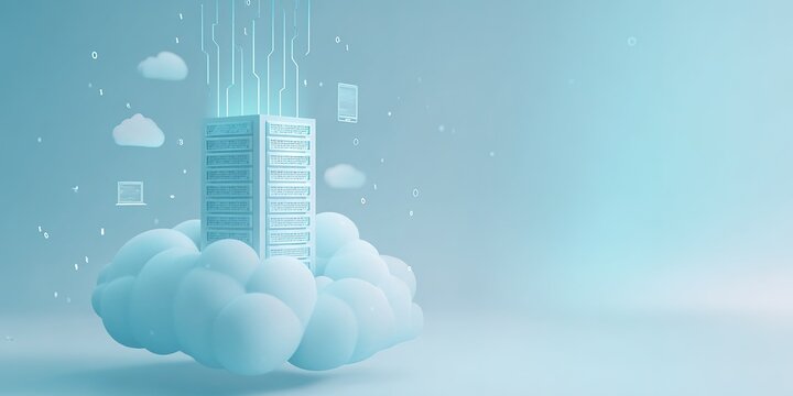 Cloud computing with a data center standing on a cloud surrounded by digital elements