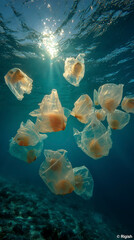 Swimmers Glide Peacefully, Translucent Aquatic Animals Move Smoothly Through Serene Turquoise Environment