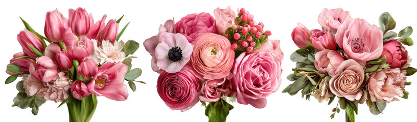 Naklejka premium Three floral arrangements featuring blooms in various shades of pink, artfully arranged against a black background