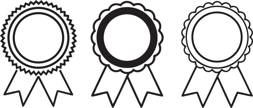 Set of three black outline rosettes with ribbons on transparent background