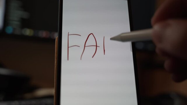 Close view of the word FAIL handwritten with a stylus on a smartphone screen representing mistake setback or negative outcome in digital communication and modern mobile interaction indoors