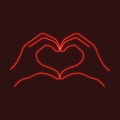 Neon heart hands gesture showing love and affection on a dark background