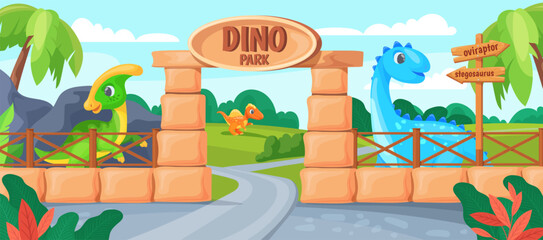 Dinosaur park. Cartoon dinosaurs zoo entry gate, dino animals jurassic period prehistoric era entrance diplodocus jungle island nature background scene, neat vector illustration © ssstocker